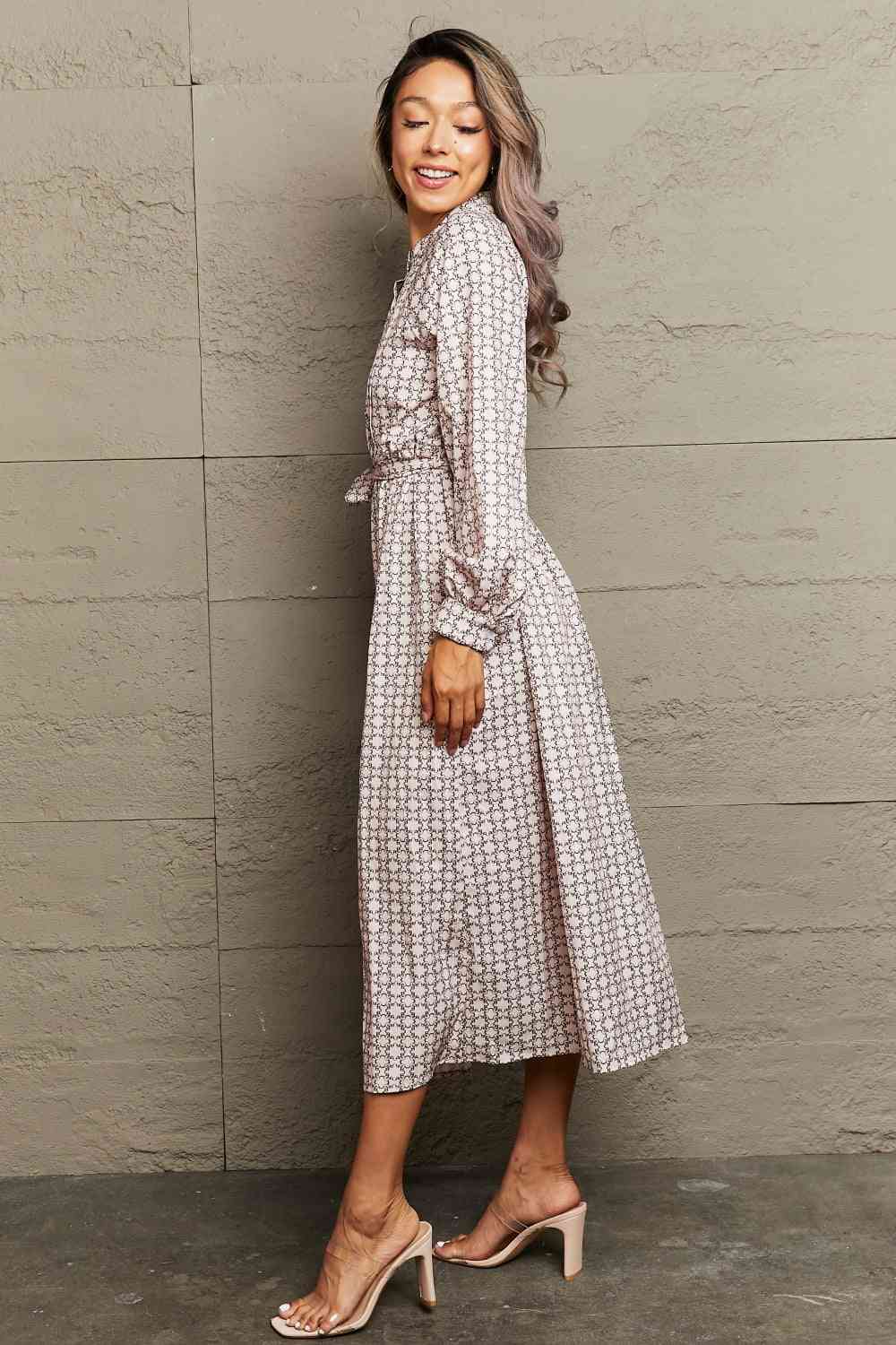 Floral A-Line Midi Dress with Adjustable Tie Waist and Long Sleeves