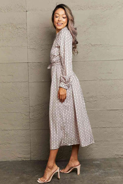 Floral A-Line Midi Dress with Adjustable Tie Waist and Long Sleeves