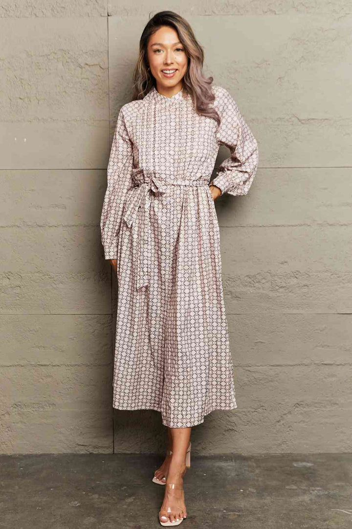 Floral A-Line Midi Dress with Adjustable Tie Waist and Long Sleeves