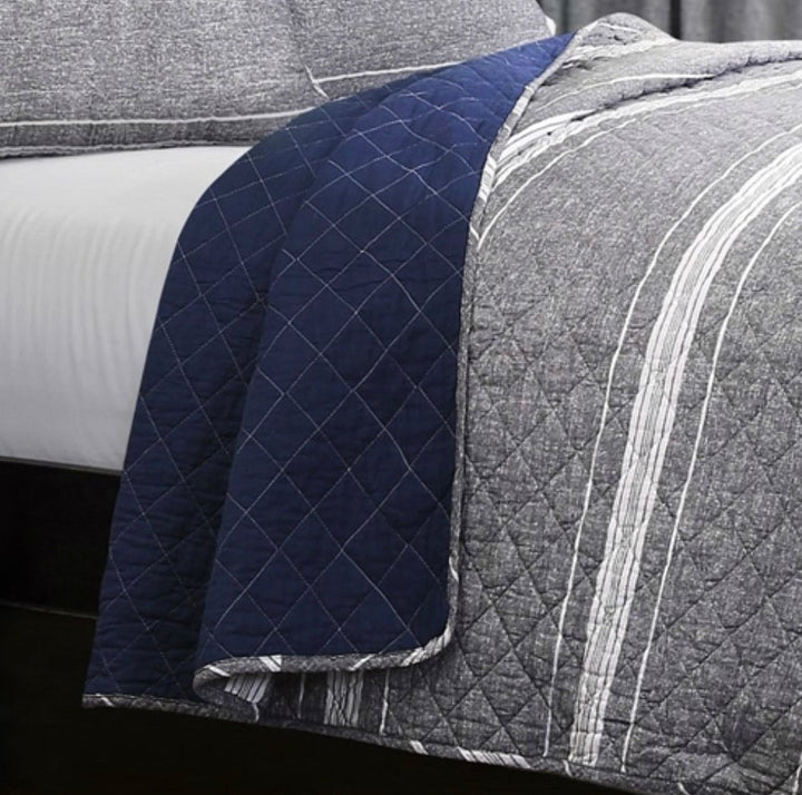 Queen Gray Navy Stripe Motif 100% Cotton Reversible Quilt Coverlet Bedspread Set