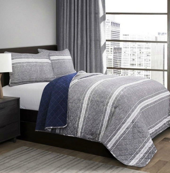 Queen Gray Navy Stripe Motif 100% Cotton Reversible Quilt Coverlet Bedspread Set