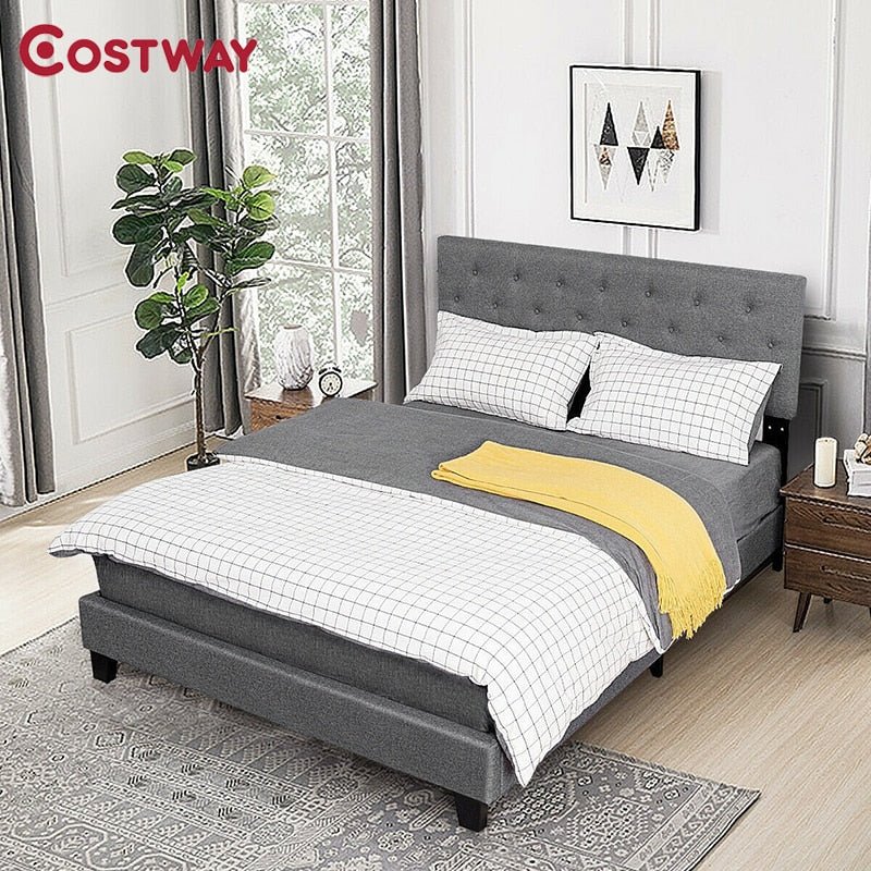 Queen Size Upholstered Panel Bed With Linen Panel Linen Elegant Tufted Headboard Adjustable Bed Side Rail Bedstead