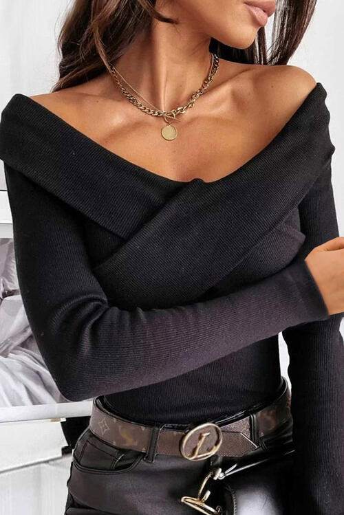 Trendy Crisscross Ribbed Long Sleeve Knit Top