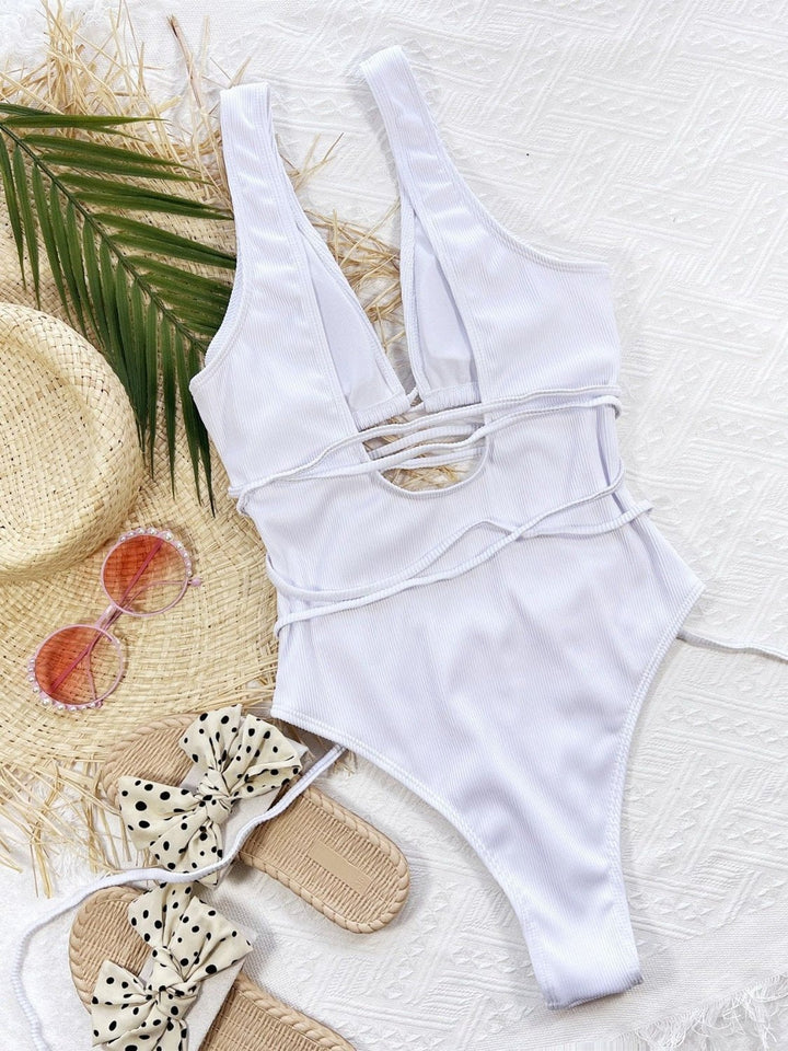 Ribbed Lace Up One-Piece Swimsuit