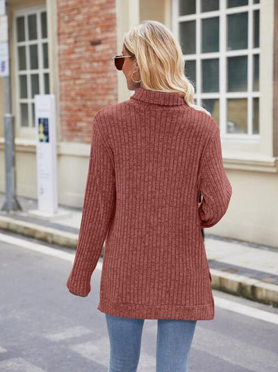 Elegant Ribbed Turtleneck Knit Top with Stylish Slit