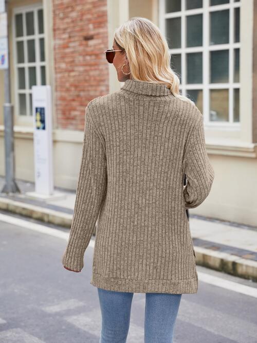 Elegant Ribbed Turtleneck Knit Top with Stylish Slit