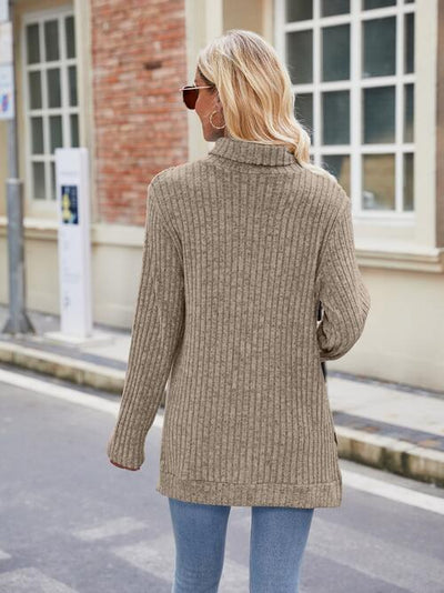 Elegant Ribbed Turtleneck Knit Top with Stylish Slit