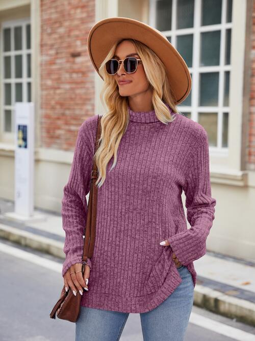 Elegant Ribbed Turtleneck Knit Top with Stylish Slit and Long Sleeves