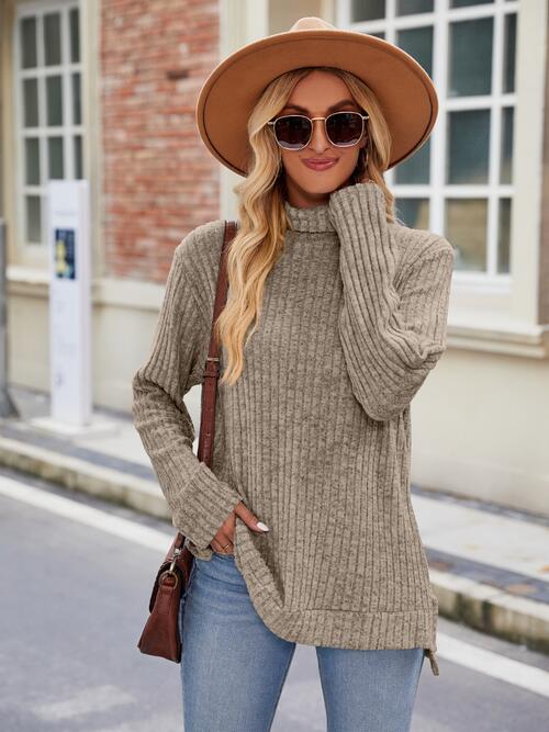 Elegant Ribbed Turtleneck Knit Top with Stylish Slit and Long Sleeves