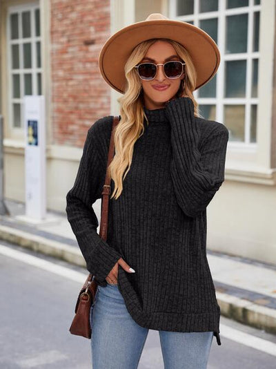 Elegant Ribbed Turtleneck Knit Top with Stylish Slit