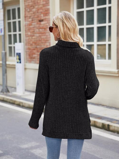 Elegant Ribbed Turtleneck Knit Top with Stylish Slit
