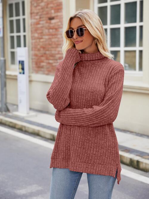 Elegant Ribbed Turtleneck Knit Top with Stylish Slit and Long Sleeves