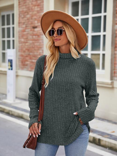 Elegant Ribbed Turtleneck Knit Top with Stylish Slit