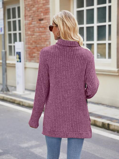 Elegant Ribbed Turtleneck Knit Top with Stylish Slit