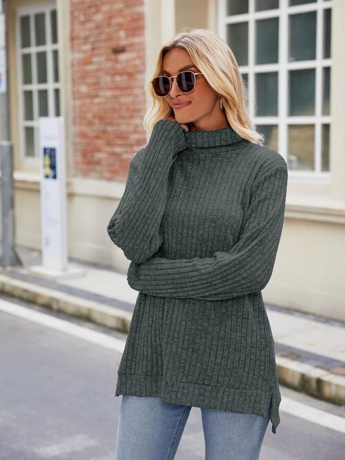 Elegant Ribbed Turtleneck Knit Top with Stylish Slit and Long Sleeves