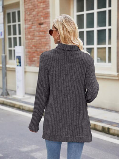 Elegant Ribbed Turtleneck Knit Top with Stylish Slit