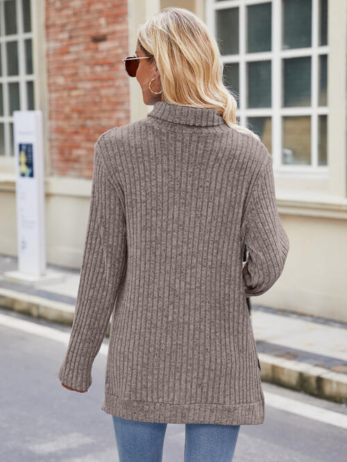 Elegant Ribbed Turtleneck Knit Top with Stylish Slit and Long Sleeves