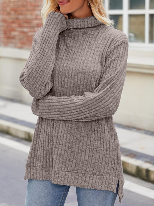 Elegant Ribbed Turtleneck Knit Top with Stylish Slit and Long Sleeves