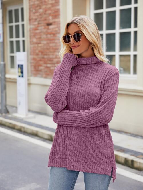 Elegant Ribbed Turtleneck Knit Top with Stylish Slit