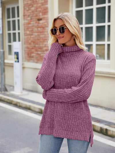 Elegant Ribbed Turtleneck Knit Top with Stylish Slit