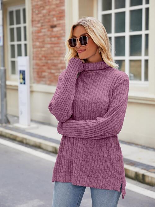 Elegant Ribbed Turtleneck Knit Top with Stylish Slit and Long Sleeves