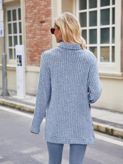 Elegant Ribbed Turtleneck Knit Top with Stylish Slit