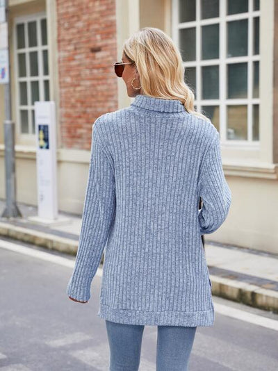 Elegant Ribbed Turtleneck Knit Top with Stylish Slit