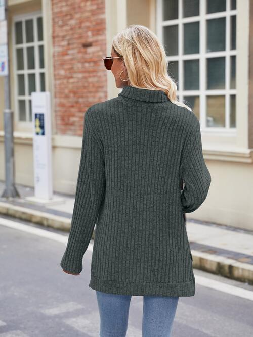 Elegant Ribbed Turtleneck Knit Top with Stylish Slit