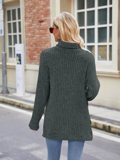 Elegant Ribbed Turtleneck Knit Top with Stylish Slit