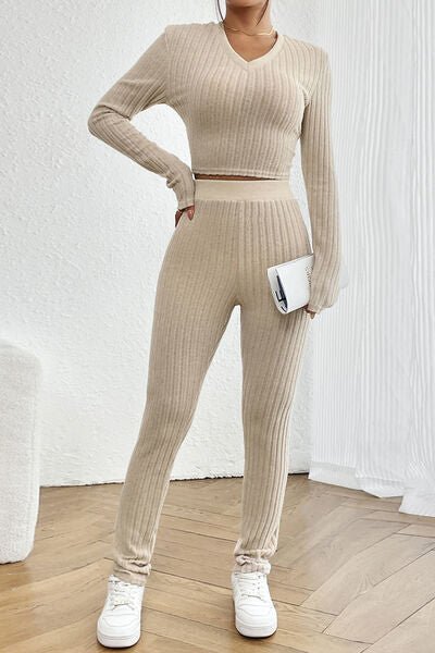 Chic Ribbed V-Neck Crop Top and High-Waisted Trouser Set