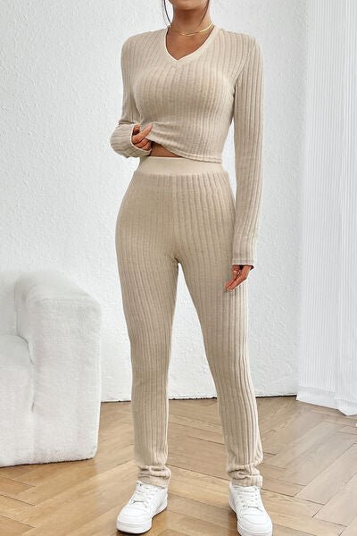 Chic Ribbed V-Neck Crop Top and High-Waisted Trouser Set