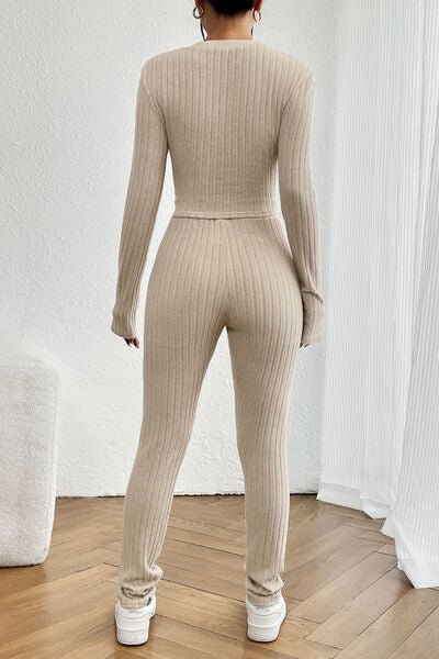 Chic Ribbed V-Neck Crop Top and High-Waisted Trouser Set