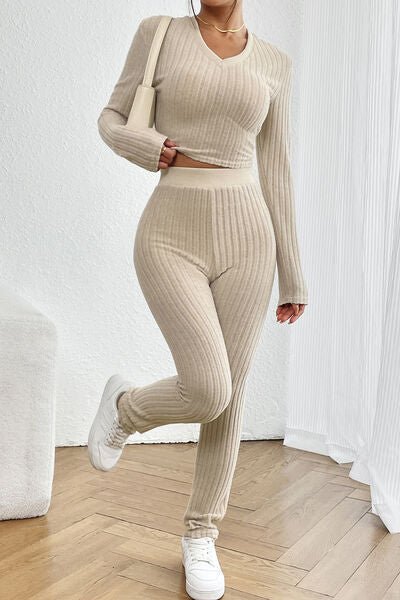 Chic Ribbed V-Neck Crop Top and High-Waisted Trouser Set