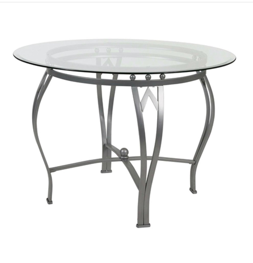 Round 45-inch Clear Tempered Glass Dining Table with Silver Frame