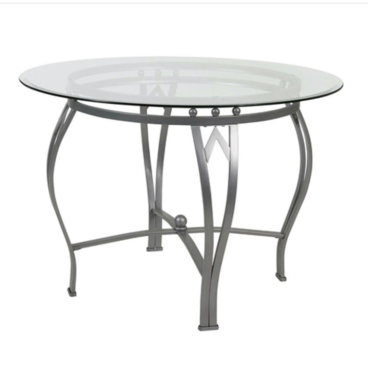 Round 45-inch Clear Tempered Glass Dining Table with Silver Frame