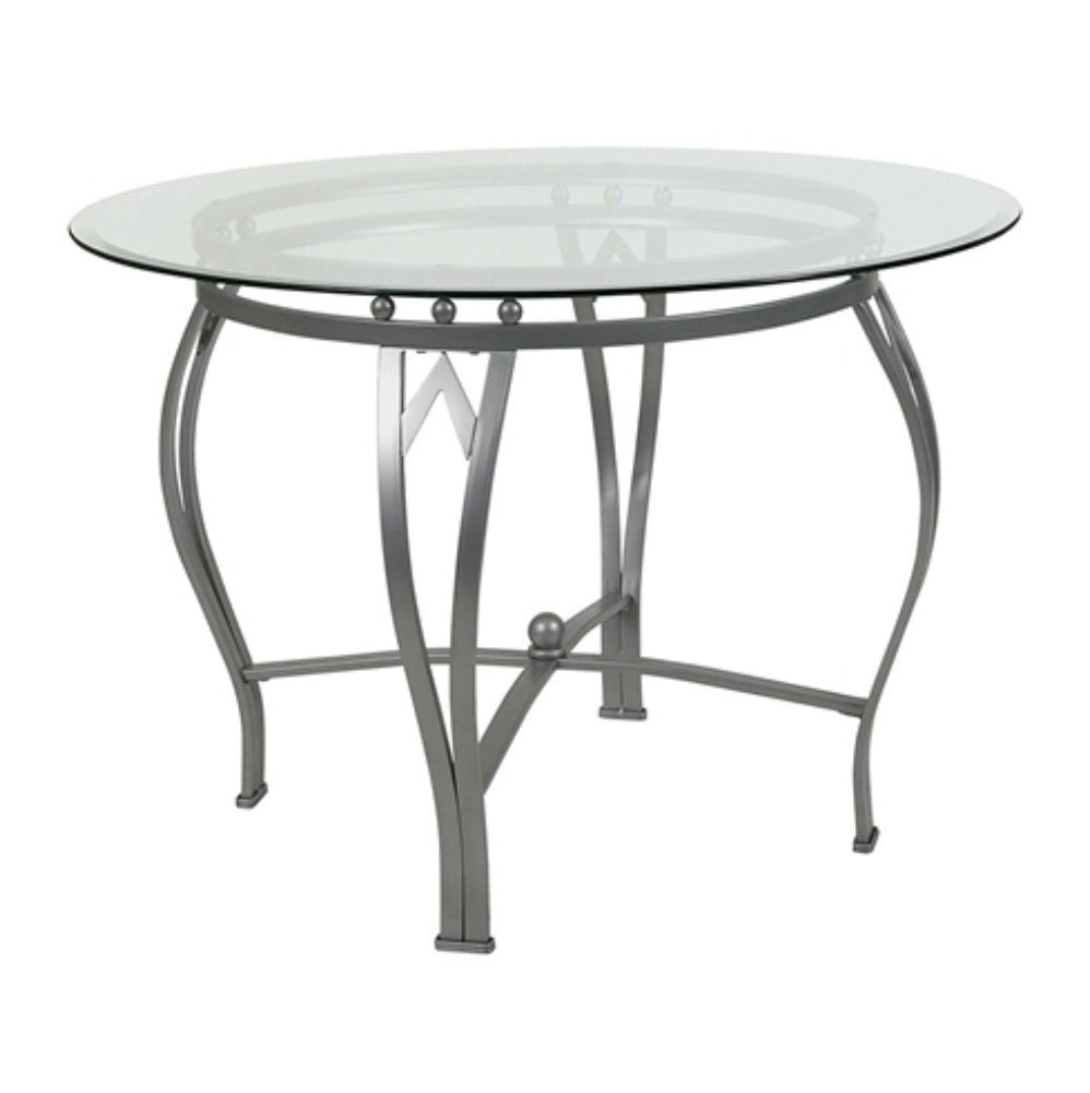 Round 45-inch Clear Tempered Glass Dining Table with Silver Frame