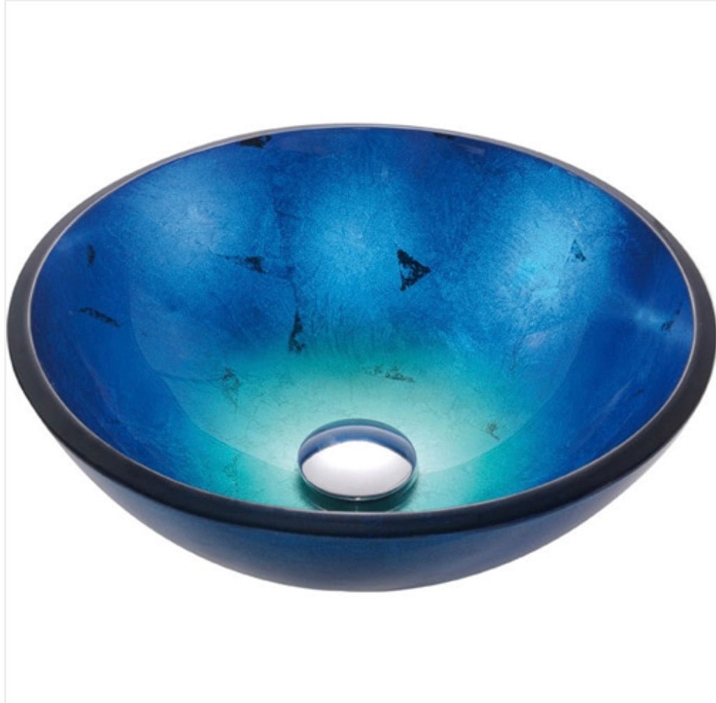 Round Blue Tempered Glass Vessel Bathroom Sink