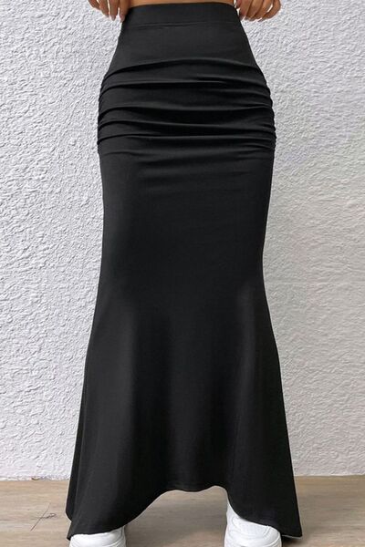 Sophisticated Ruched Maxi Skirt with Flared Hem Design