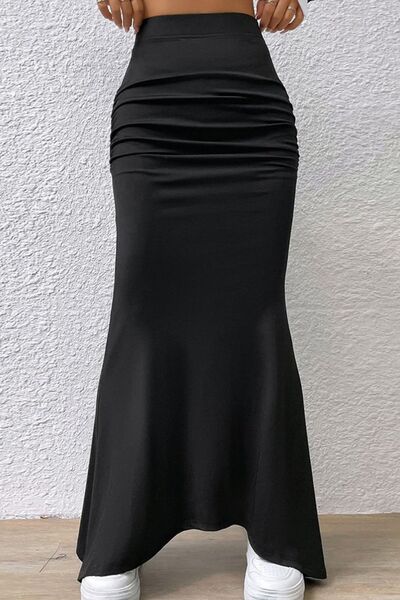 Sophisticated Ruched Maxi Skirt with Flared Hem Design