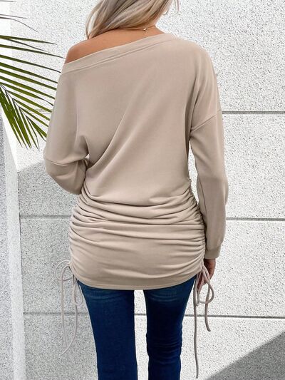 Ruched Long Sleeve Tee with Asymmetrical Design