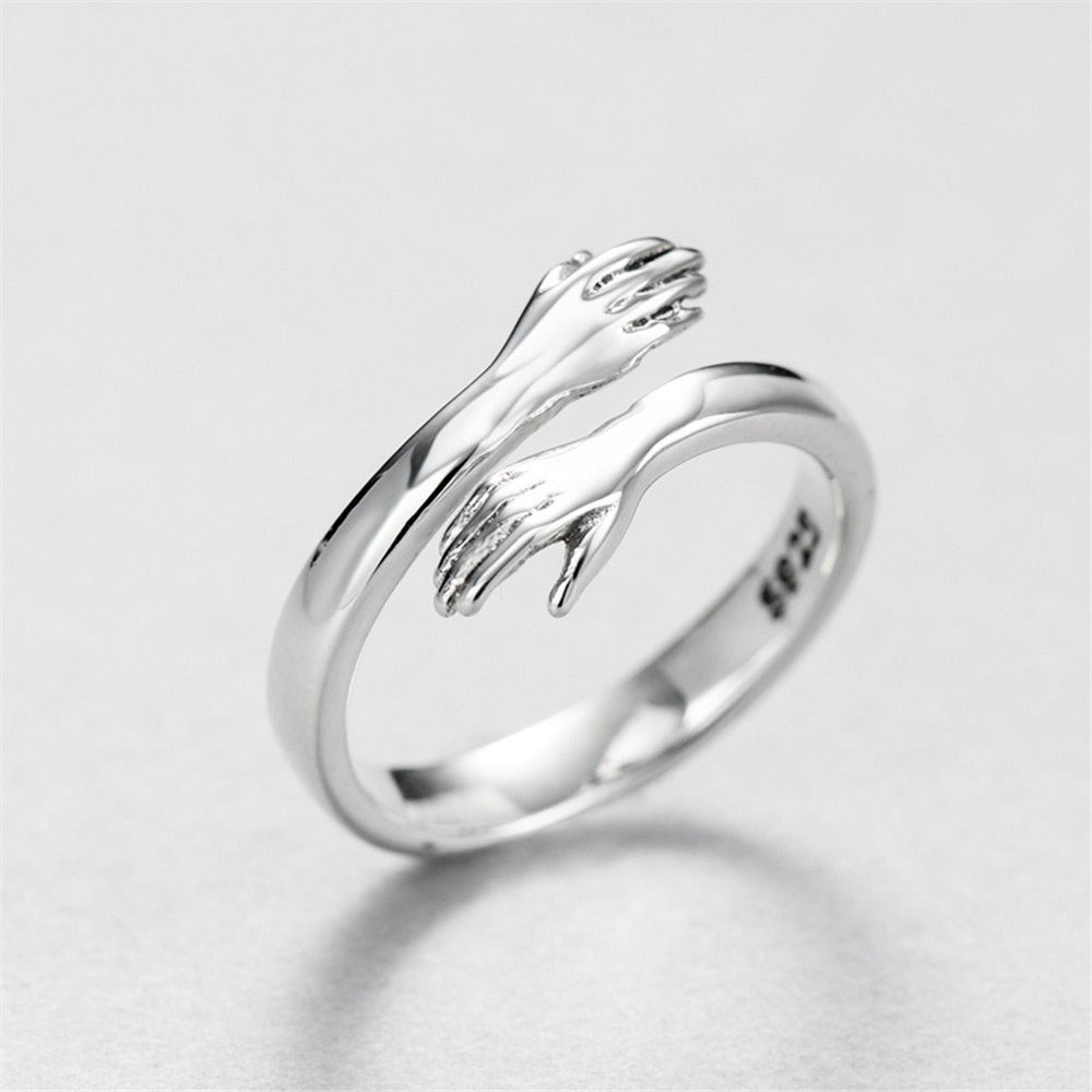 S925 Silver Small Fresh Versatile Love Hug Couple Adjustable Ring Girl