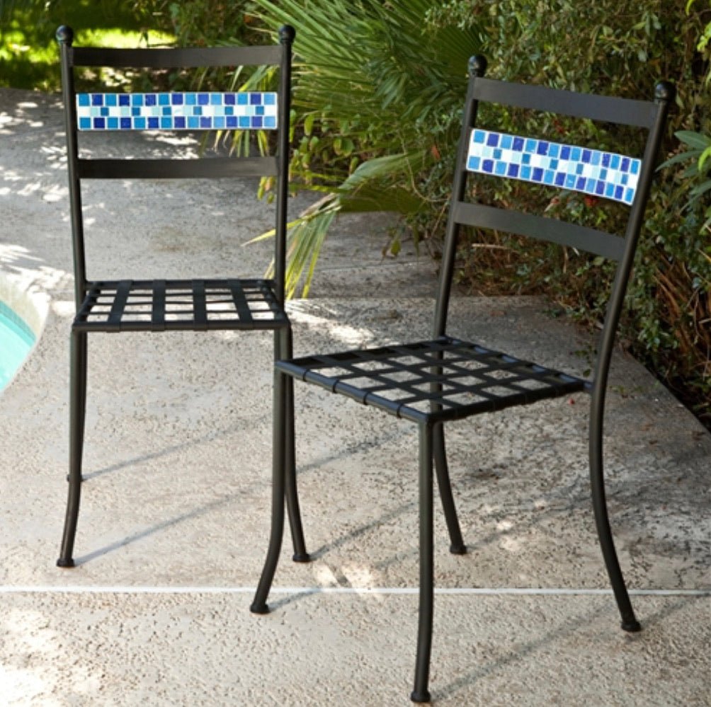 Set of 2 Black Powder Coated Metal Patio Bistro Chairs with Aqua Blue Backrest