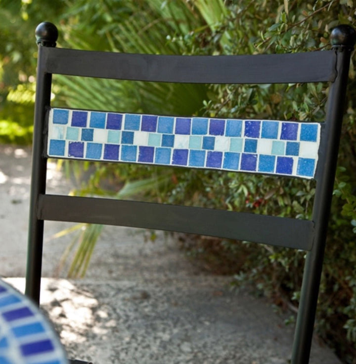 Set of 2 Black Powder Coated Metal Patio Bistro Chairs with Aqua Blue Backrest