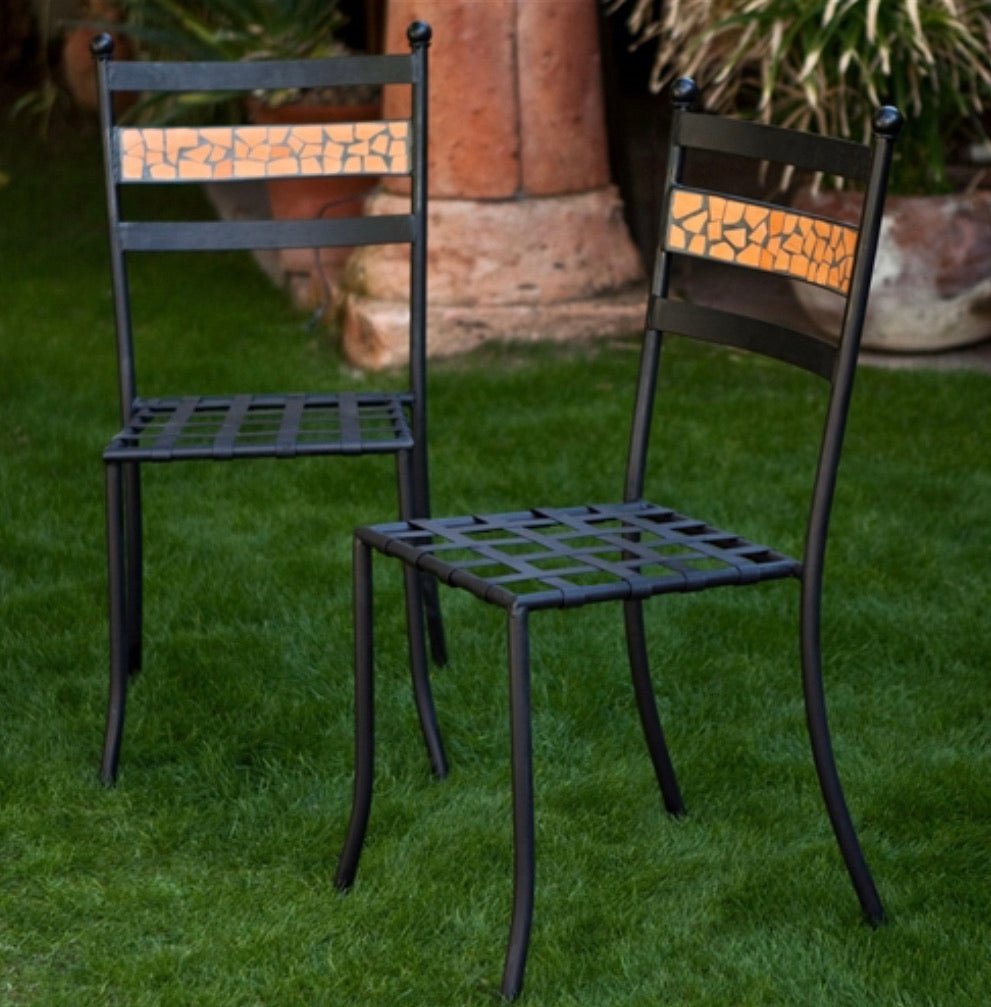 Set of 2 Outdoor Patio Dining Chairs in Black Iron with Terracotta Backrest