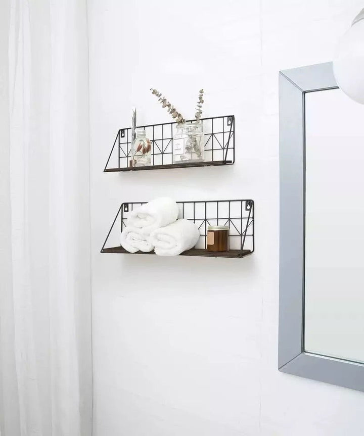 Set of 2 Wall Floating Shelves Rustic Modern Wood Wall Storage Shelves Wire Display Shelf