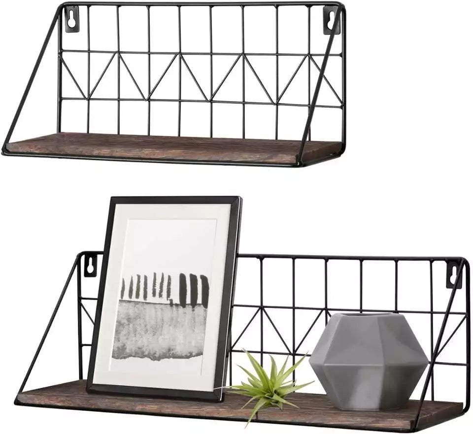 Set of 2 Wall Floating Shelves Rustic Modern Wood Wall Storage Shelves Wire Display Shelf