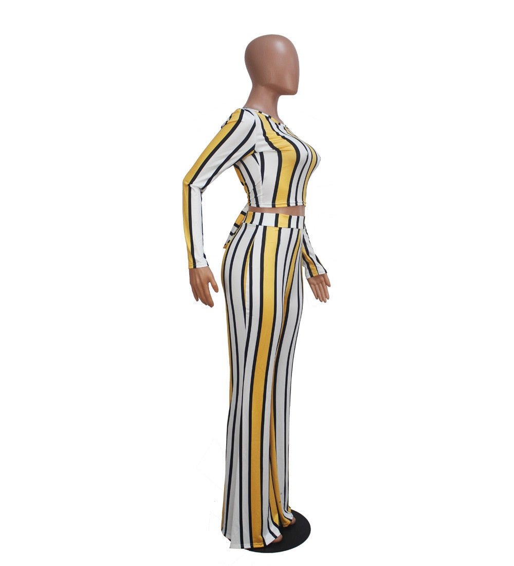 Stylish Autumn Striped Women's Two-Piece Tracksuit with Long-Sleeve Top and Wide-Leg Pants