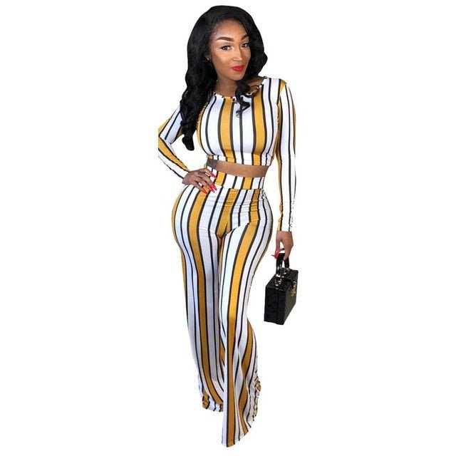 Stylish Autumn Striped Women's Two-Piece Tracksuit with Long-Sleeve Top and Wide-Leg Pants