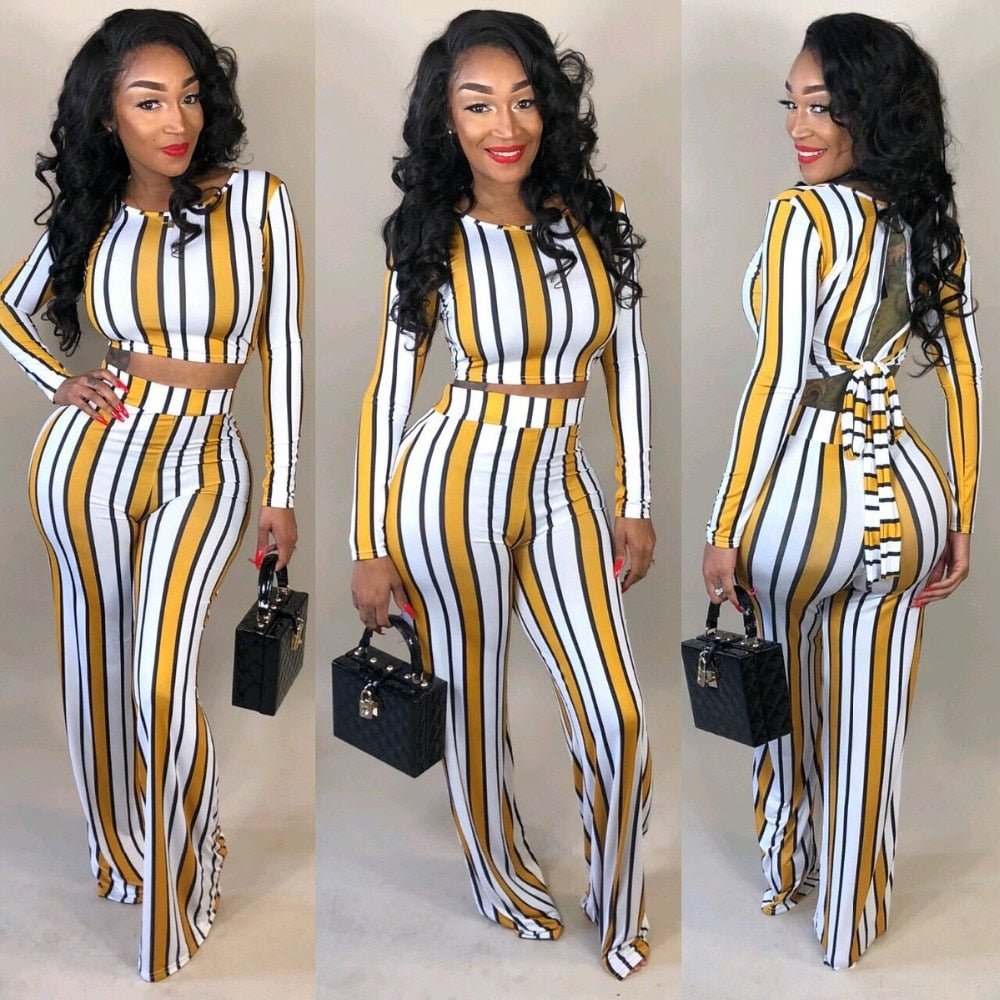 Sexy 2 two piece set top and pants autumn outfits tracksuit women long sleeve wide leg pants striped print