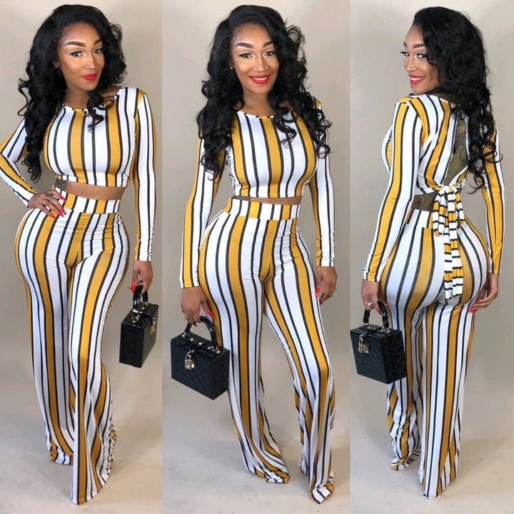 Sexy 2 two piece set top and pants autumn outfits tracksuit women long sleeve wide leg pants striped print